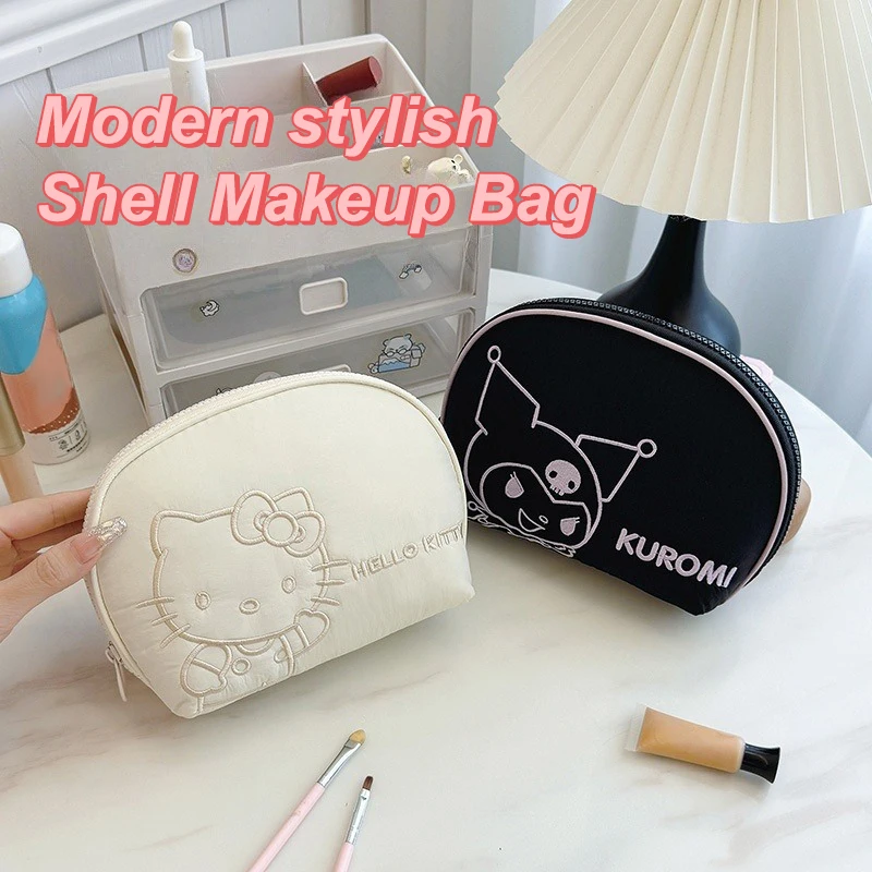 Kawaii Sanrio Hello Kitty Shell Makeup Bag Kuromi Melody Large Capacity Cosmetic Bag Portable Wash Pouch Pen Bag Coin Purse