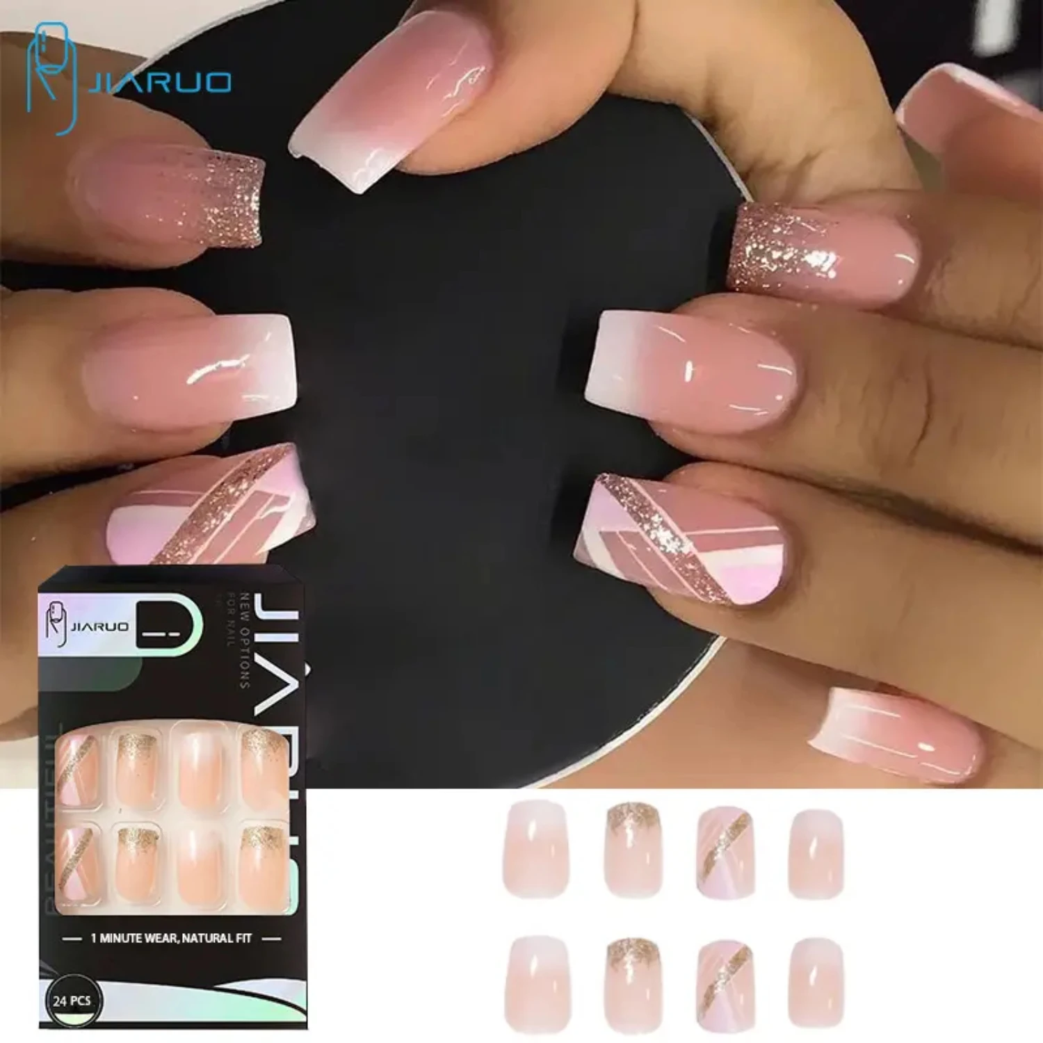 Elegant 24PCS JIARUO Long Square Gradient False Nail Art French Flash Powder Geometry Patch, Y2K Press On Nails Fake nails  pcs