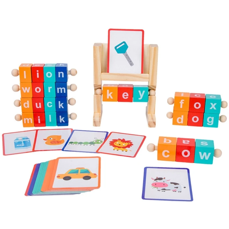 Wooden Reading Block Consonant Vowel Spelling Game Cards Montessori Rotating Words Learning Toy D5QF