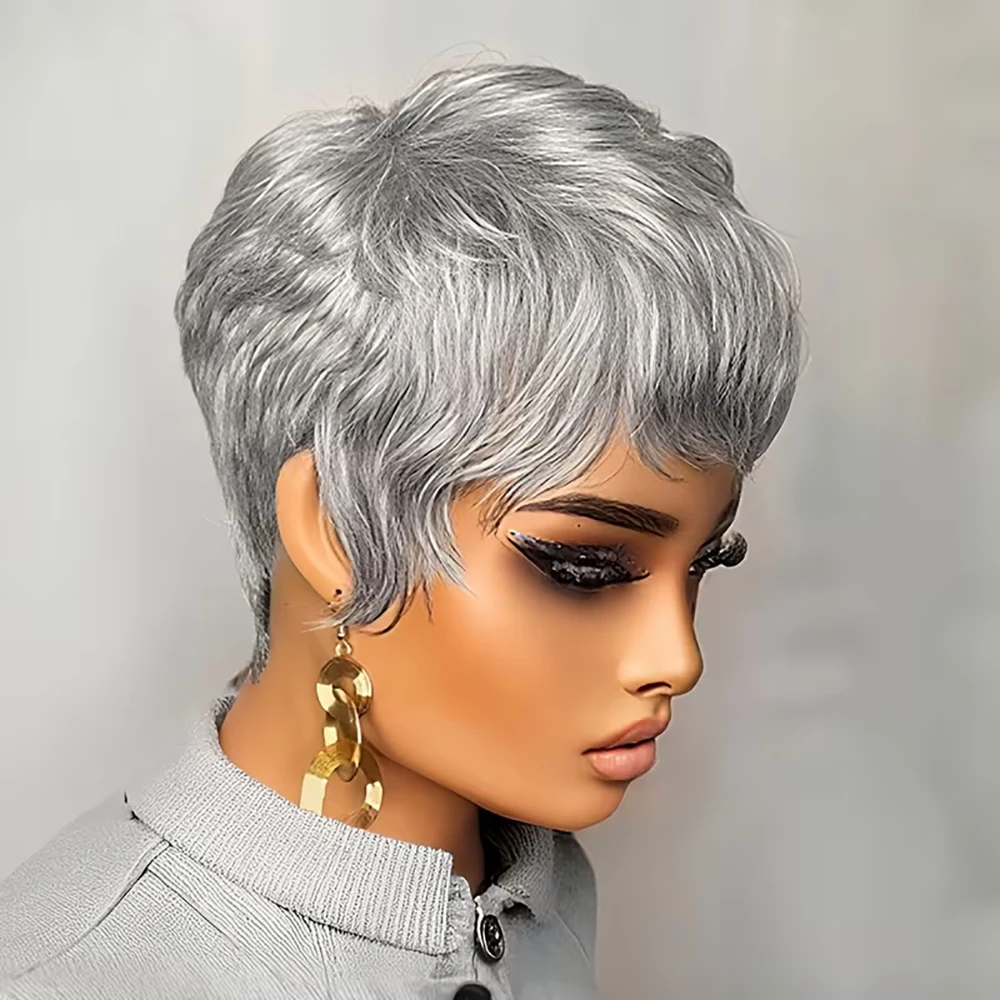 رمادي قصير عابث قطع شعر مستعار شعر طبيعي مفرود الباروكات مع الانفجارات قبل قطعها للنساء الطبقات البرازيلي شعر ريمي آلة صنع قبعة