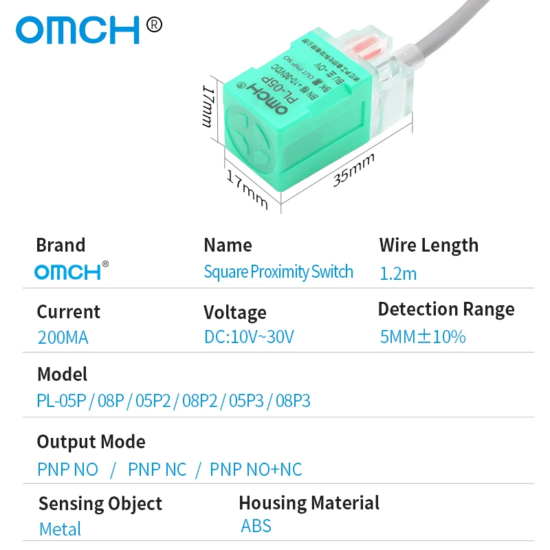 OMCH PNP Type Inductive Proximity Sensor Square Approach Switch Detector Bed Leveing Probe Detection Distance 5/8mm