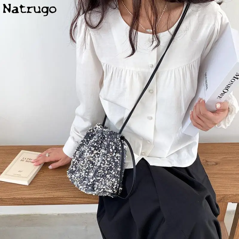 New Sequin Bucket Crossbody Bag Women Chain Phone Bag Satchels  Girls Decor Hangbag Luxury Designer Small Shoulder Bag