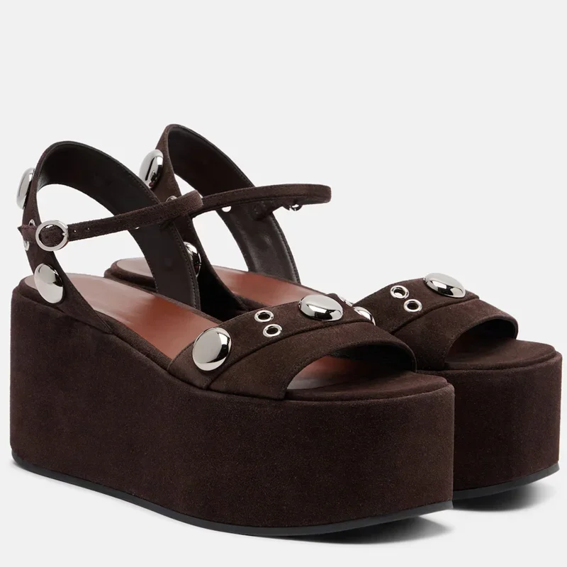 Metal Rivet Platform Suede Sandals Sexy Square Toe One Word Belt Shingback Customized New Arrivals Fashion Women Modern Shoes