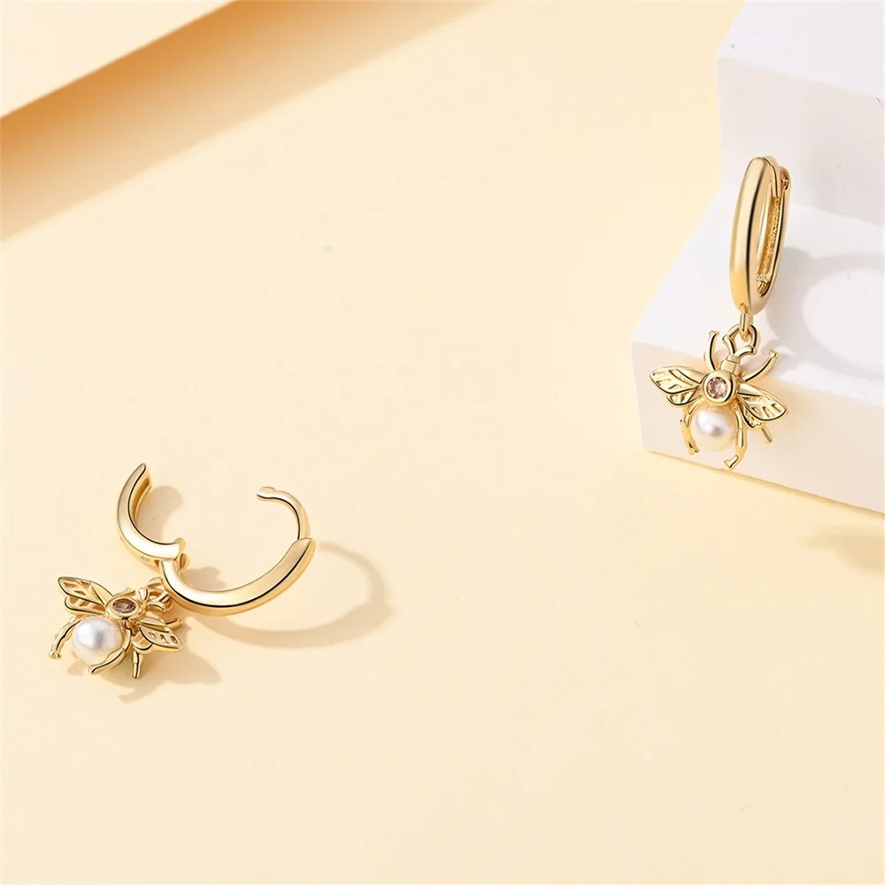 2024 New Elegant 925 Sterling Silver Gold Spread Wings Bee White Pearl Earrings For Women\'s Garden Play DIY Jewelry Accessories