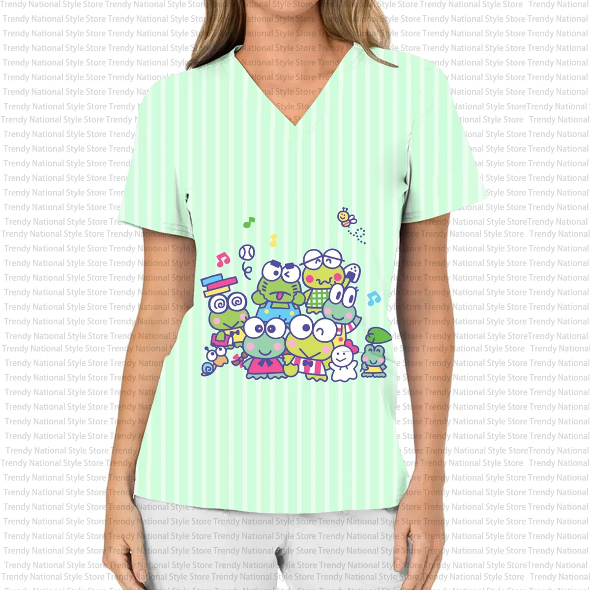 

Женская одежда Sanrio Keroppi с мультяшным принтом и v-образным вырезом, матовый топ, женская нежная рабочая форма, повседневная модная свободная футболка, топ