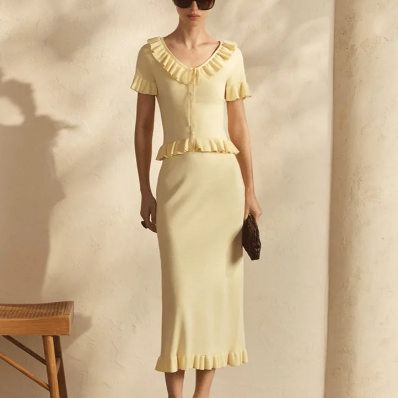 

Ticketsx Fashion Ruffled Knit Dress Sets Women's Solid Button Lace Up Top Casual Slim Skirt Sets Elegant Female Commuter Outfit