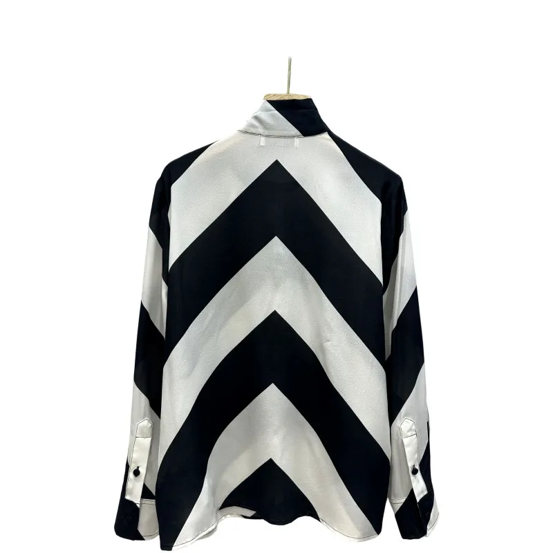 100% Natural Silk Romantic Vacation Style Premium Black and White V-Stripe Silk off-Shoulder Shirt