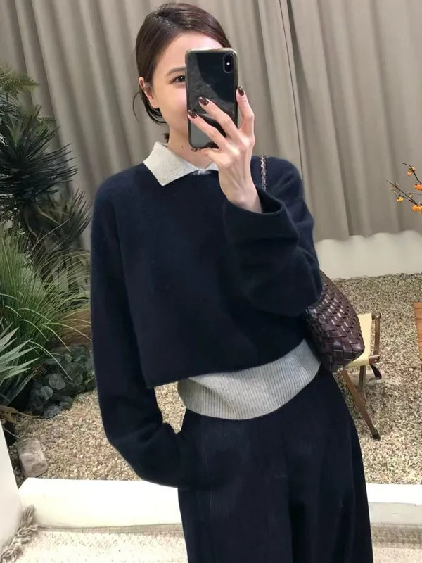 

Korean Style Lazy Fashion Neck Knitted Vest Two Piece Set Warm Soft Polyester Blend Long Sleeve Short Length Casual Wear