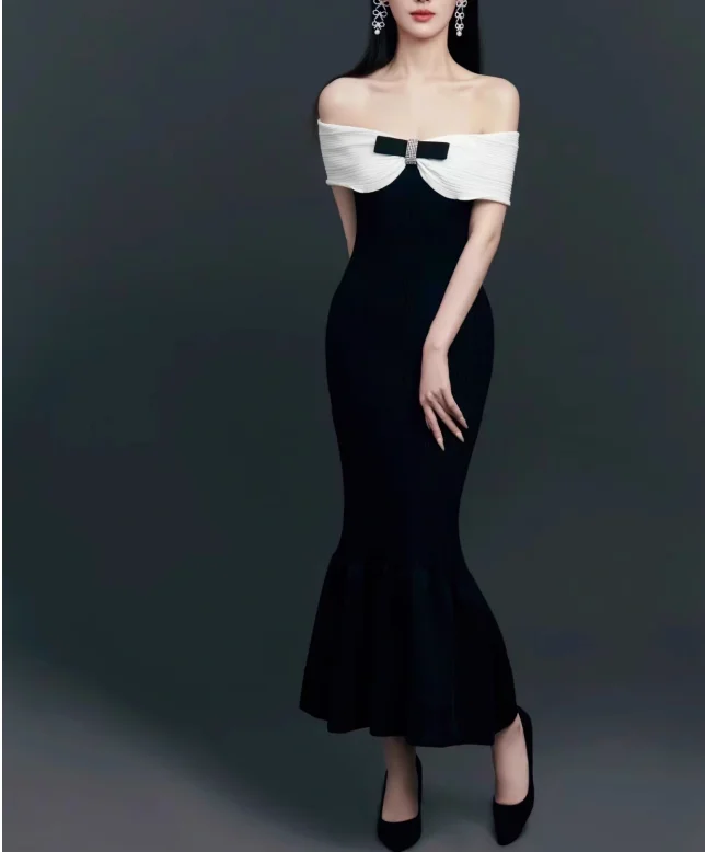 Black Bow One Shoulder Knitted Mermaid Dress Women 2024 Autumn New Collection Elegant Slim Long Dresses 5240251