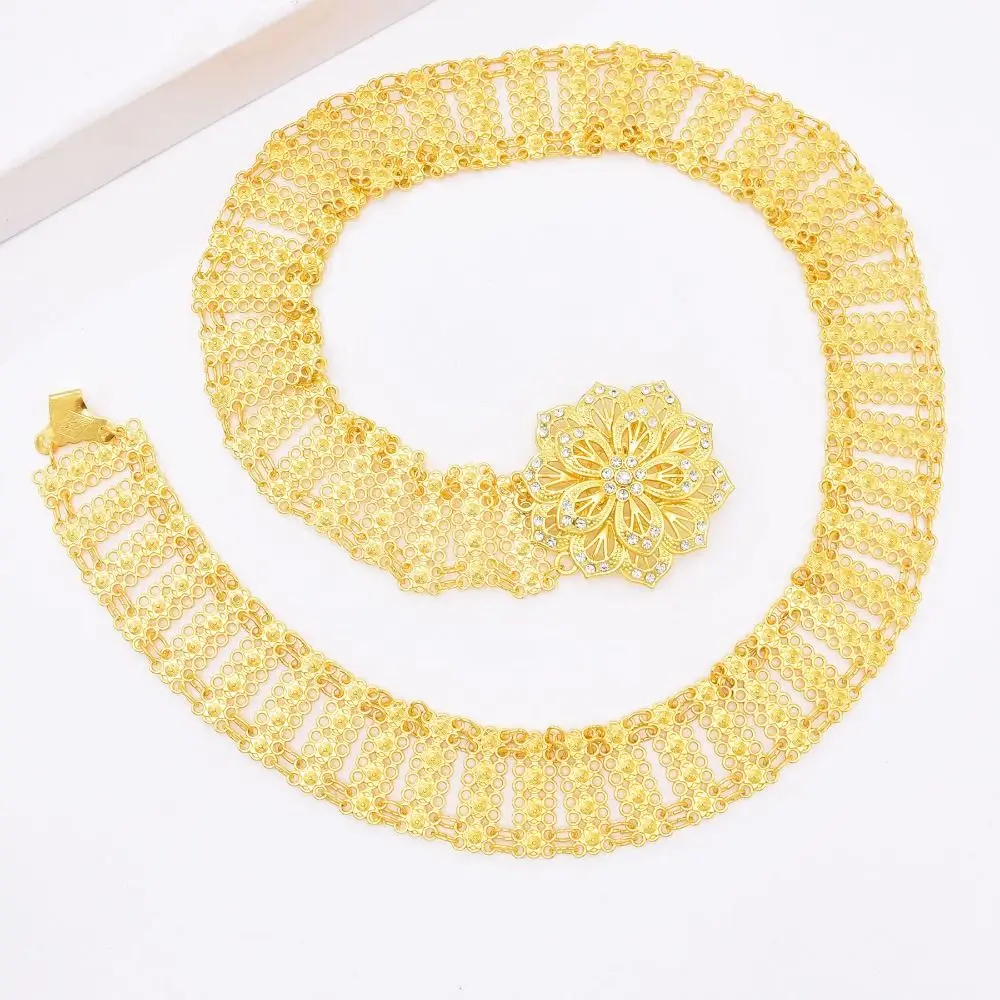 خمر المعادن العرقية نمط حزام حجر الراين مجوهرات زهرة معدنية الخصر سلسلة شرابة الجوف خارج الذهب حزام الزفاف النساء