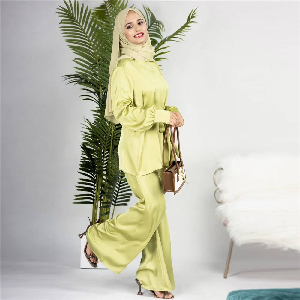 2 Piece Djellaba Muslim Set Satin Dress Suit Long Sleeve Tops Wide Leg Pants Islamic Women Modest Wear Eid Abaya Blouse Trousers