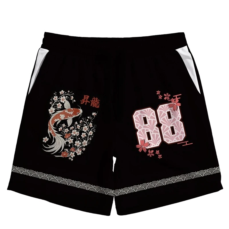 Retro Japanese Koi Sakura Lucky Pattern 3D Printing Simple Leisure Sports Breathable Training Men and Women Daily Shorts