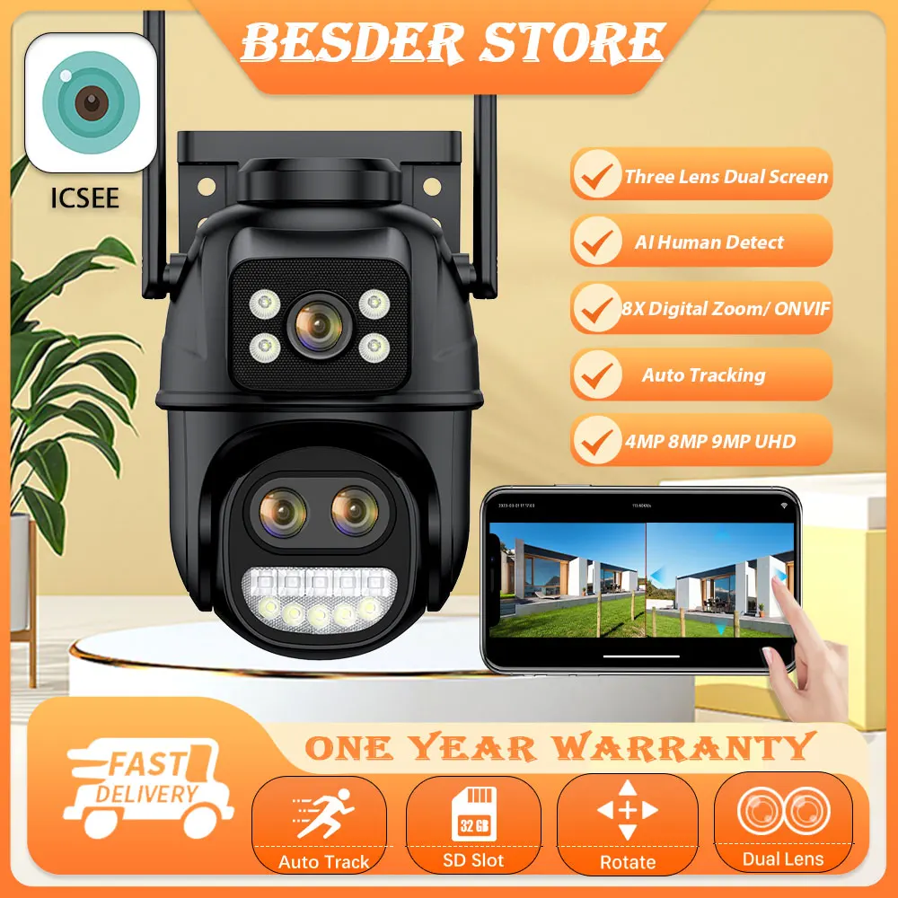 BESDER Security Camera 8X Zoom Three Lens Dual Screen Two-Way Audio Outdoor Wireless CCTV Surveillance Camera Protection ICSEE