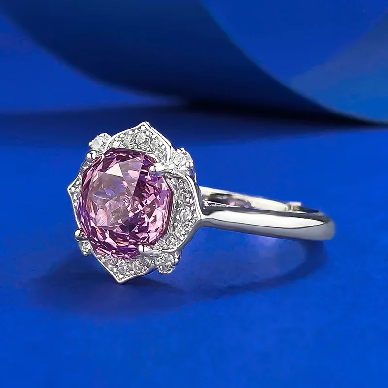 New S925 Silver Imported High Carbon Diamond 8 * 8 Millennium Rose Cut Purple Diamond Women's Ring