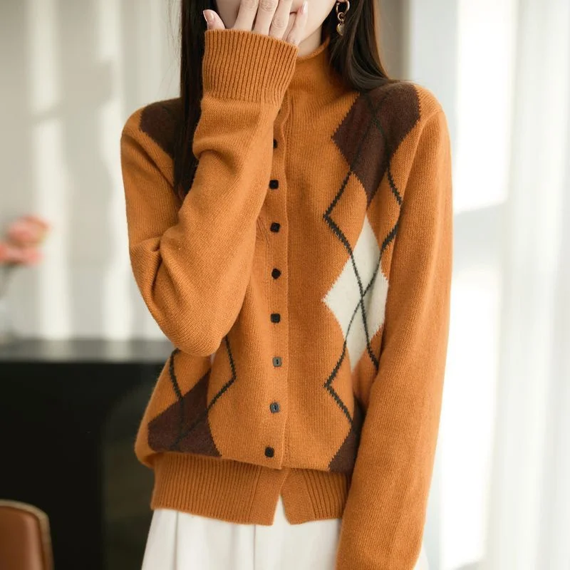 

Autumn Winter New Knitted Cardigan Women Long Sleeve Elegant Loose color matching Sweater Coat Lady Loose Knitting Femlae Tops