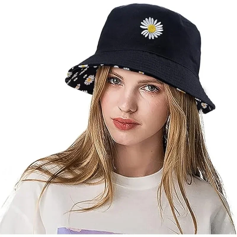Small Daisy Flowers with Double-sided Fisherman Hat Universal Cotton Sun Protection Cap Student Pot Hat Outdoor Sun Hats