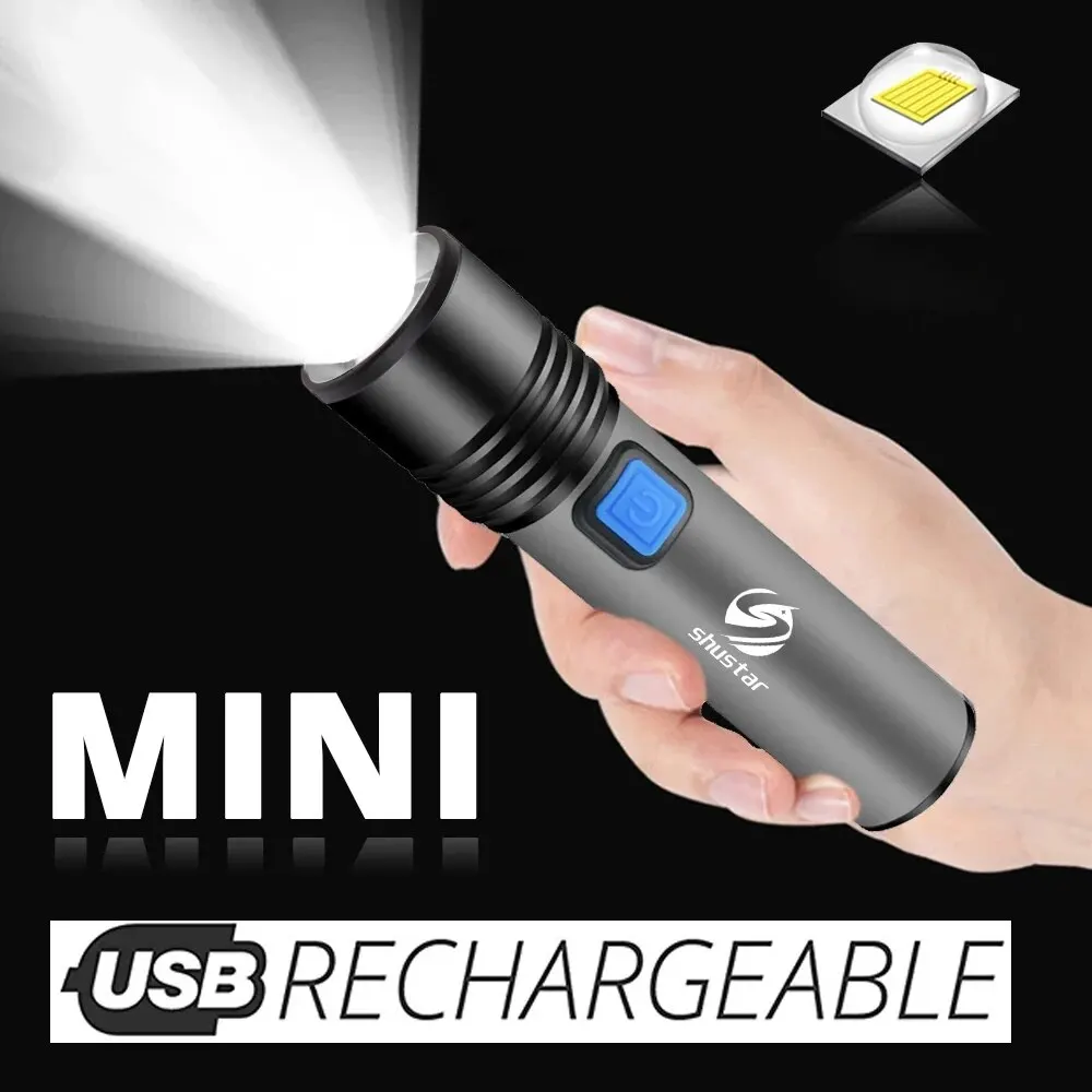 USB 충전식 방수 LED 손전등 – 1200mAh 리튬 배터리, 내장 LED 및 줌 기능 탑재 캠핑 조명