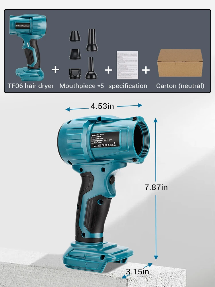 

Electric Goddess Brushless Cordless Electric Air Blower Turbo Jet Fan Handheld Dust Blowing Power Tool for Makita/Dewalt/Milwauk