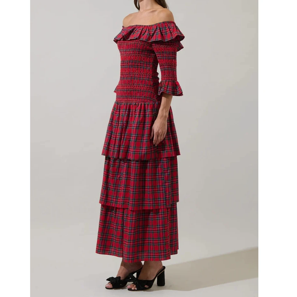 Retro Damenkleid mit Karomuster, knöchellang, lange Ärmel, schulterfrei, gerafftes Oberteil, mehrlagiges Kleid, Vintage-Stil