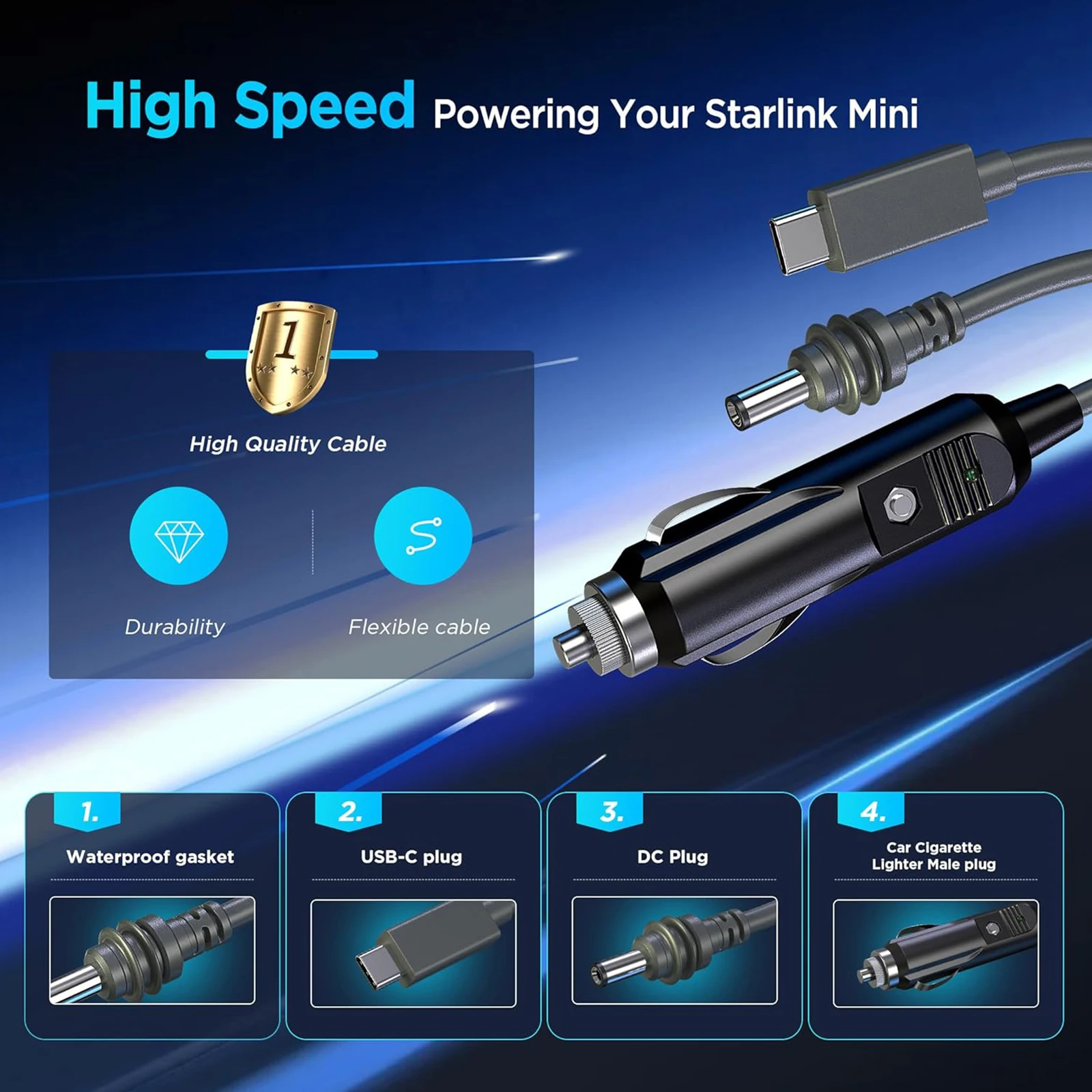 Picture 4: EDUP  SK0101 Starlink Mini 100W Cable 3-in-1 Power Cable  Multiple Lengths for Choice 3M / 5M Car Charger+DC Cable+Type-C TO DC