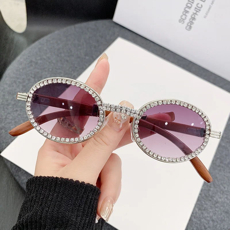 

New Fashion Oval Female Sunglasses Wooden Diamond Luxury Vintage Frame Sun Glasses Women Men Shades UV400 Eyewear