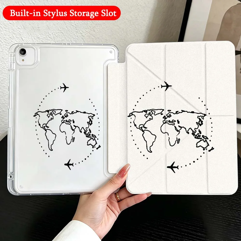World Map Plane Aircraft For iPad Mini Pro Air 5 6 7 8 9 10th 11th 11 9.7 10.9 13 inch Transparent Y-Shaped Folding Tablet Case