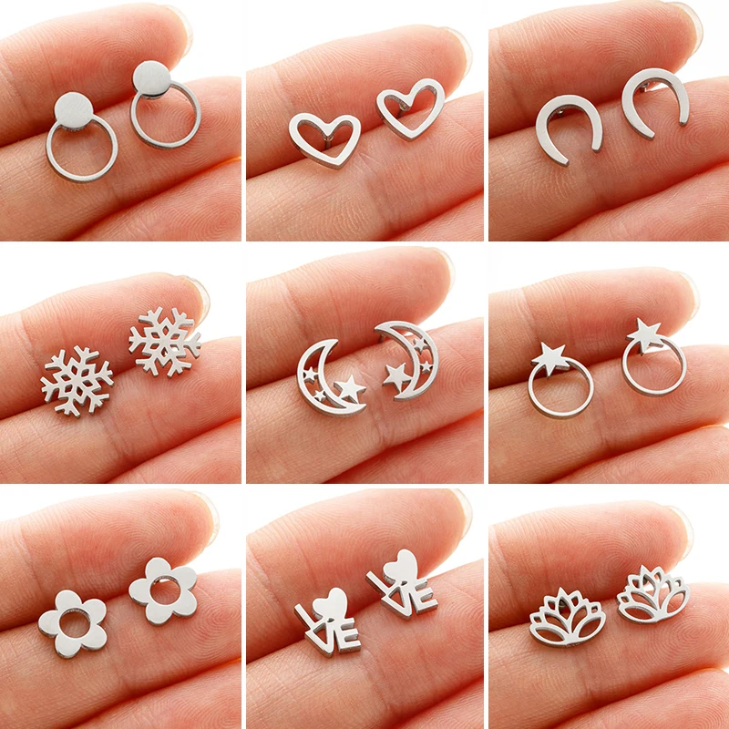 Minimalist U Shaped Geometric Earrings for Women Fashion Lotus Round Moon Star Ear Studs Stainless Steel Jewelry Piercing Gifts