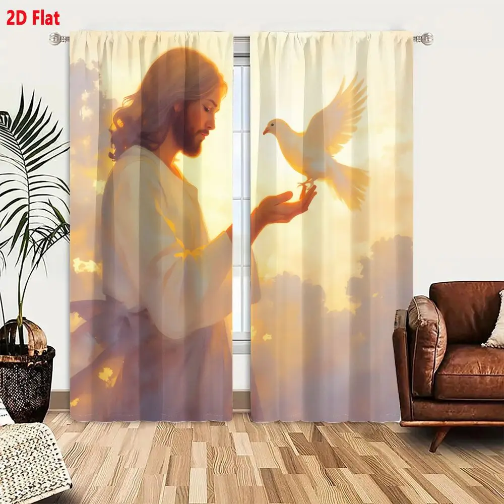 2Pcs Curtains 2D Flat Divine Figure With Long Wavy Hair Beard In Light Robe Sash Holding White Dove Perched On Palm Against Gold