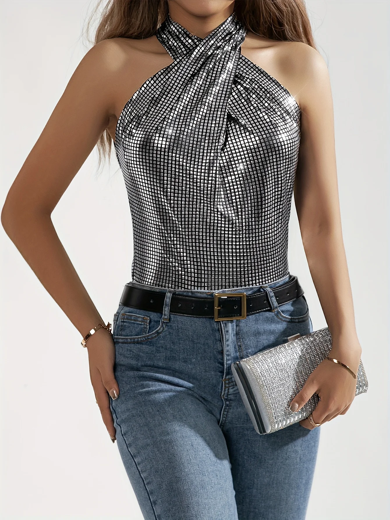 Silver Metallic Glitter Geo Pattern Crisscross Plaid Halter Top, Y2K Sleeveless Top, Evening Party Women\'s Clothing