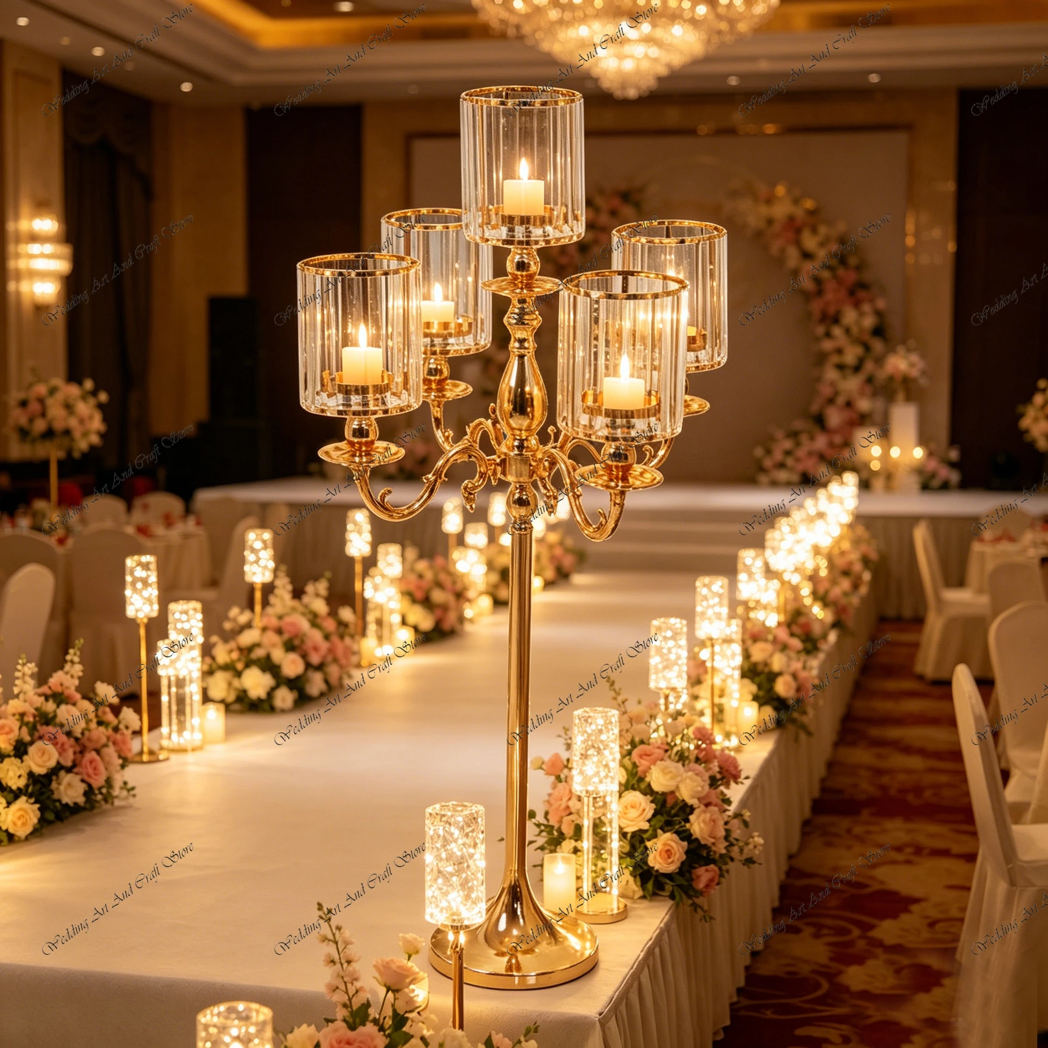 4pcs f30 100-130cm 5-Arm Gold/Silver Taper Candle Stand Lotus Inspired Crystal Candlestick Holder for Wedding Decor ivy1027