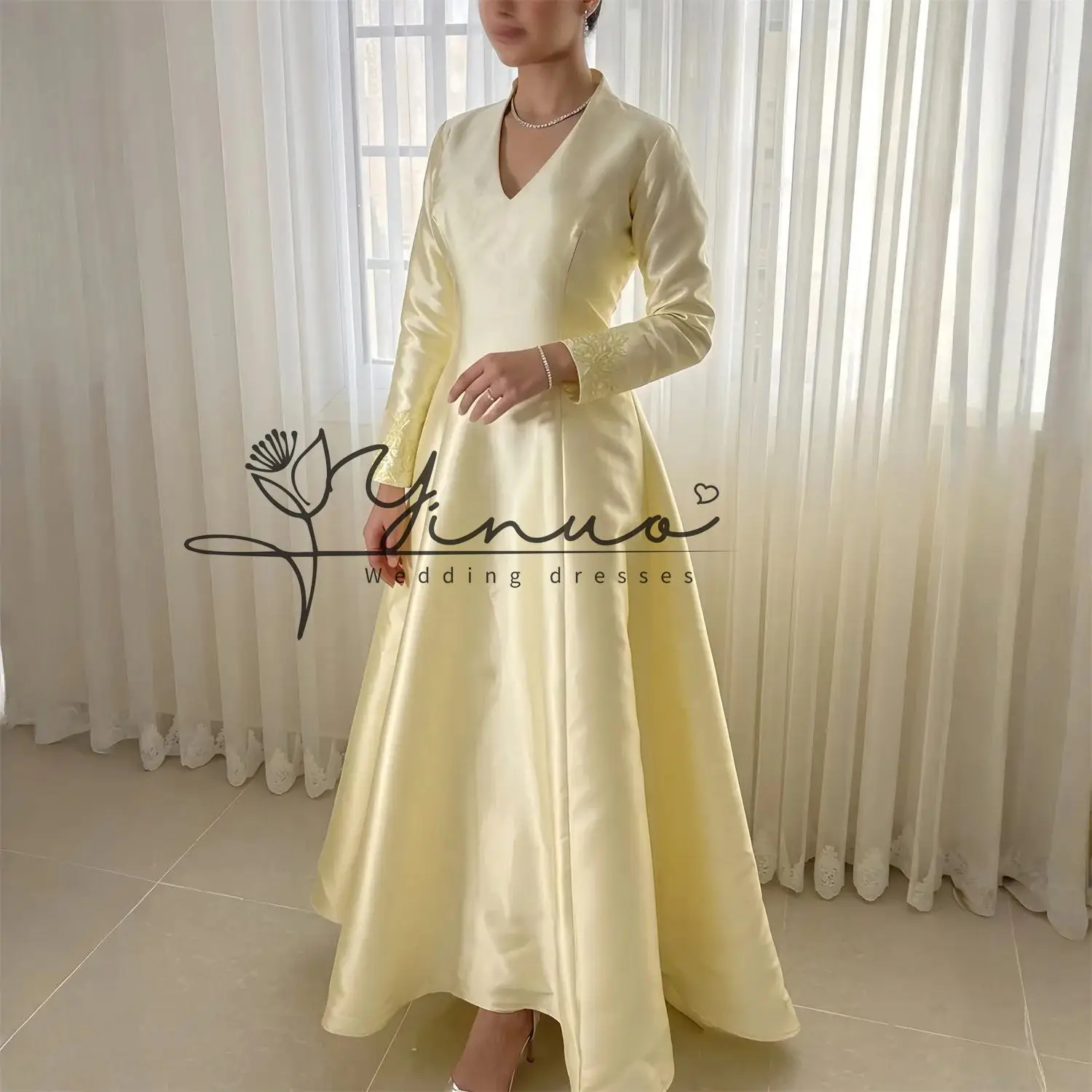 Customized Evening Dress Women European Design Yellow Satin Formal Events Party Customized Robes de Soirée New Collection