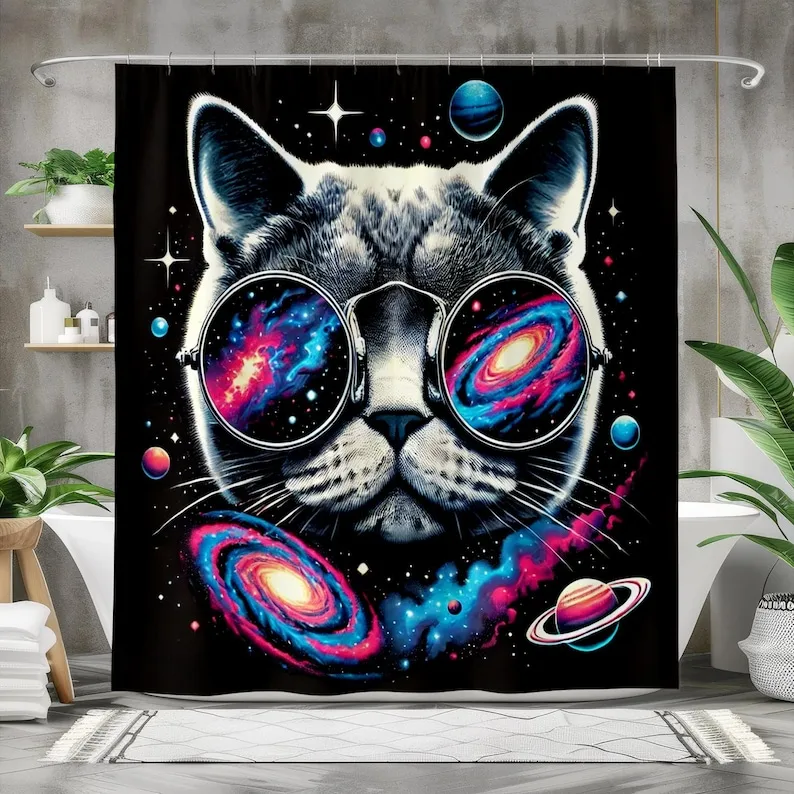 Cat Shower Curtain, Cat with Galaxy Glasses , Waterproof Fabric Bath Curtain, Cosmic Bathroom Decor, Space Cat with Sunglasses