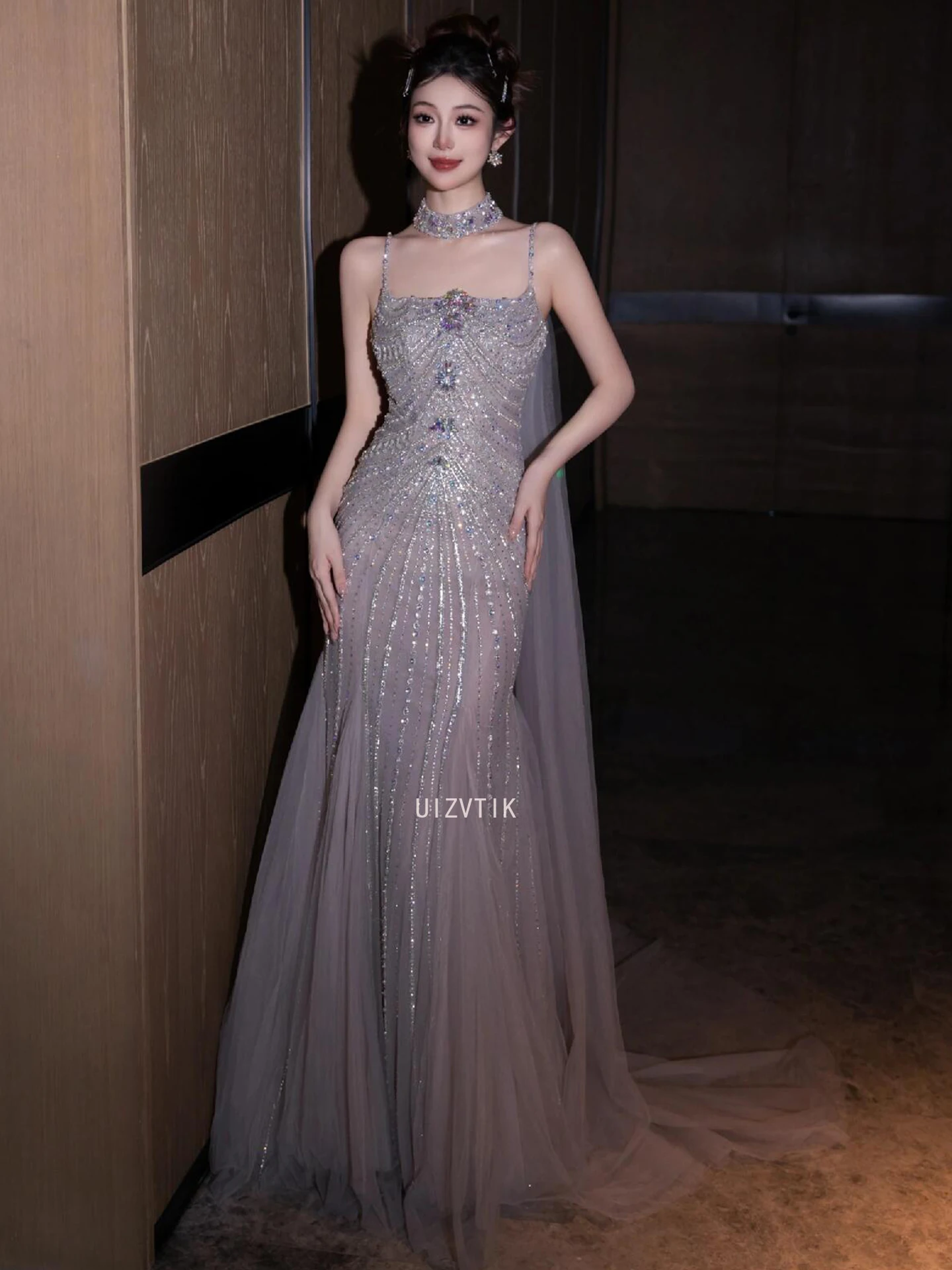 فستان حورية البحر بحزام سباغيتي طويل للحفلات الراقصة مطرز بأربطة فاخرة للحفلات المسائية للنساء فستان حفلات الزفاف