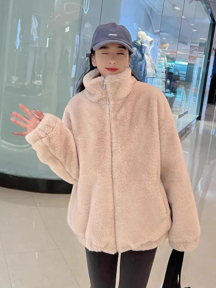 Womens Faux Rabbit Fur Coat Zippers Winter Jackets Loose Thicken Warm Female Clothes 2025 New Stand Collar Imitate Fur Jackets