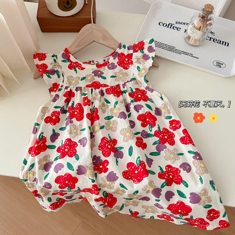 Children's Floral Skirt Summer Dress Girls' Dress Summer Korean Version Flying Sleeve Vest Fresh Princess Skirt