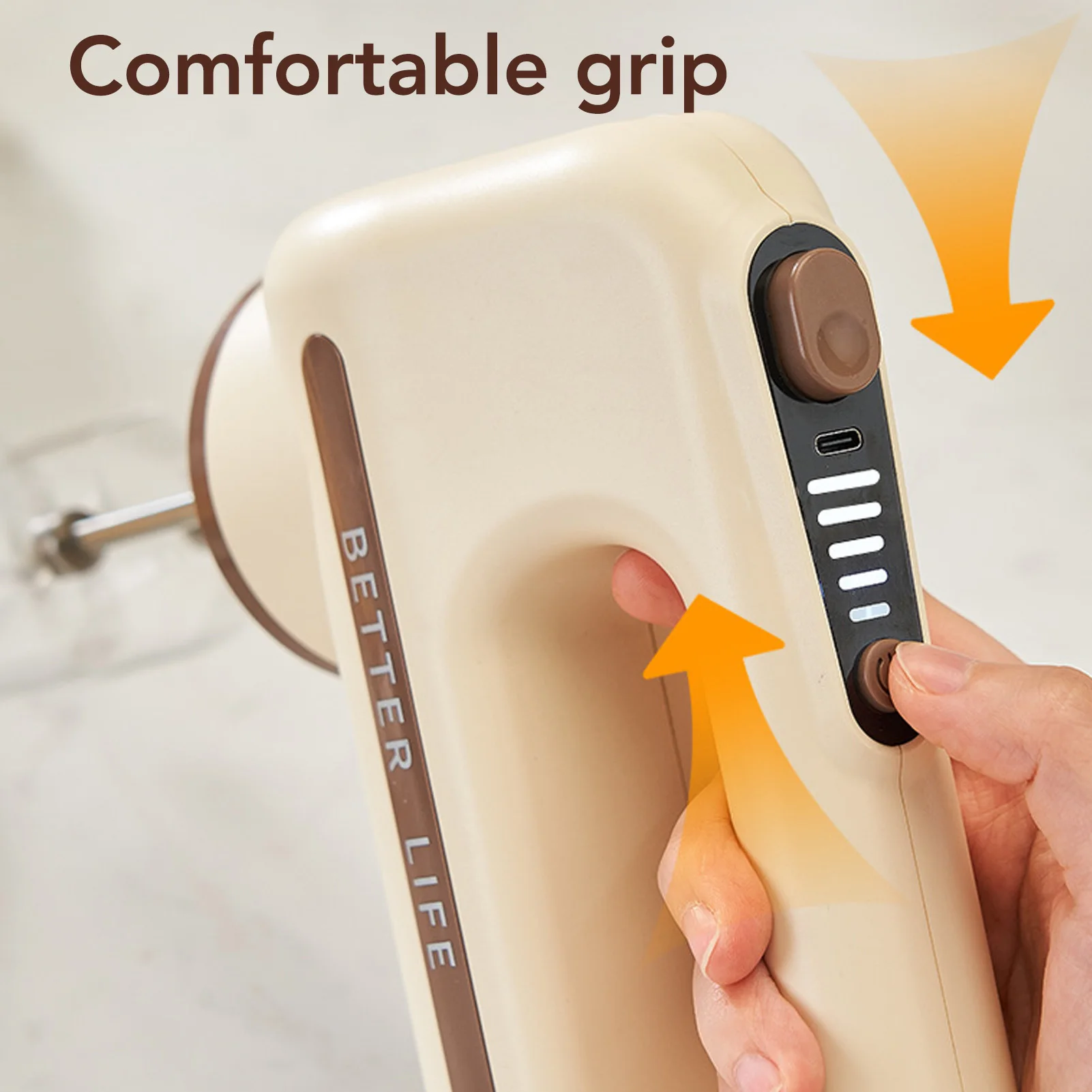 Electric Hand Mixer Fine Polishing USB Charging 5 Speed Cordless Electric Hand Mixer Khaki with Stainless Steel Whisk for Cream