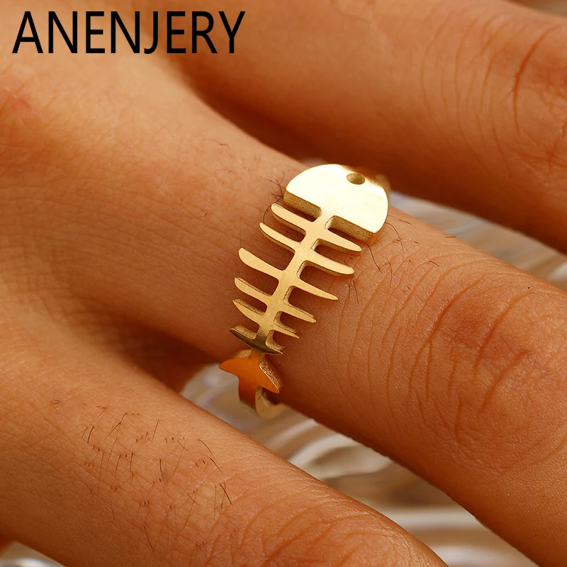 ANENJERY 316L Stainless Steel Fishbone Open Ring For Women Men French Fashion Simple Cute Personality Jewelry Gifts Wholesale