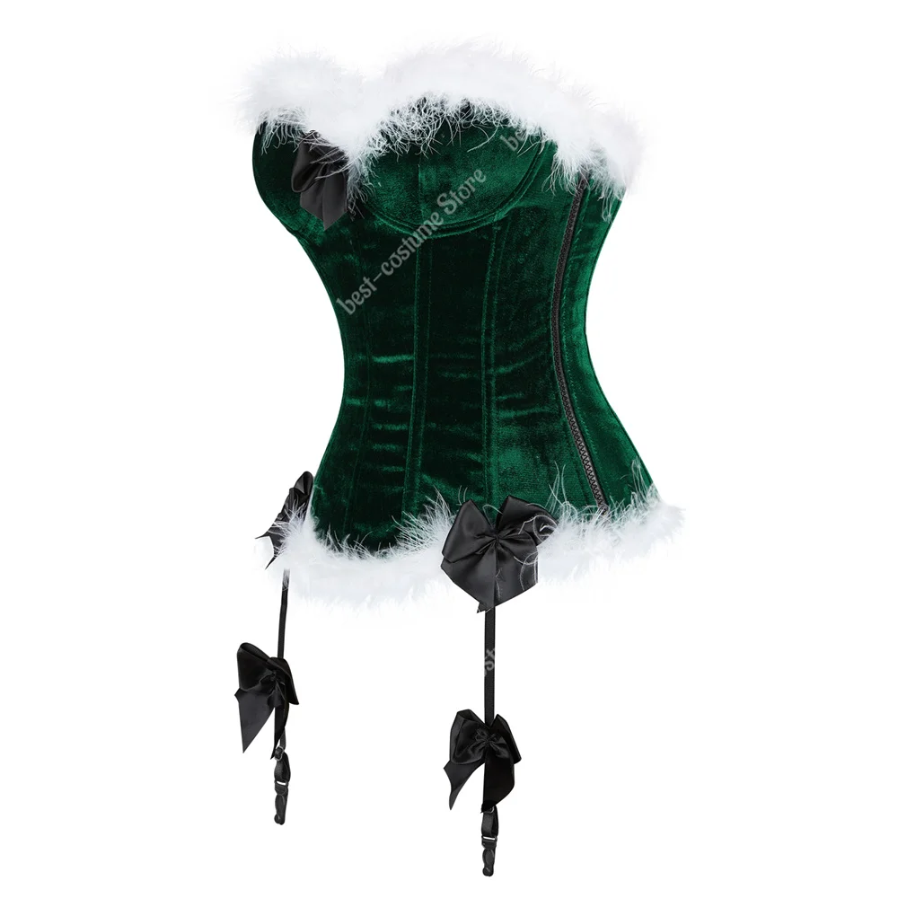 Bustier Top Corset with Feathers White Overbust Corset Top Christmas Costume Santa Cosplay Red Green Bodices and Corsets