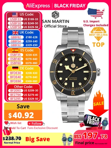 Imagen 1 del producto San Martin nuevo reloj de buceo Vintage BB54 de 37mm NH35 relojes de pulsera mecánicos automáticos para hombres zafiro luminoso resistente al agua 200m SN0138