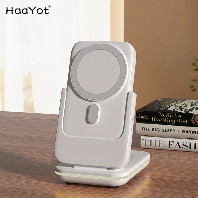 HaaYot 5 in 1 5000mah Power Bank with Folding Magnetic Wireless Charging Holder for Iphone Support Galaxy Watch /iWatch Series