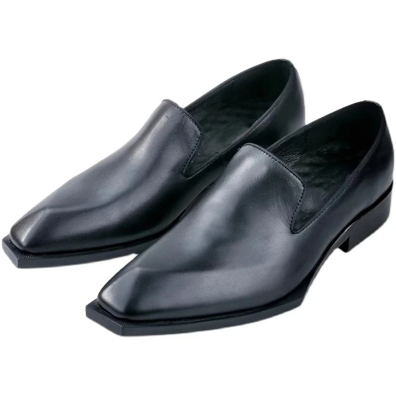 Minimalist Black Cow Leather Slip-On Loafers Sharp Square-Toe Low Block-Heel Men Formal Business Dress Shoes