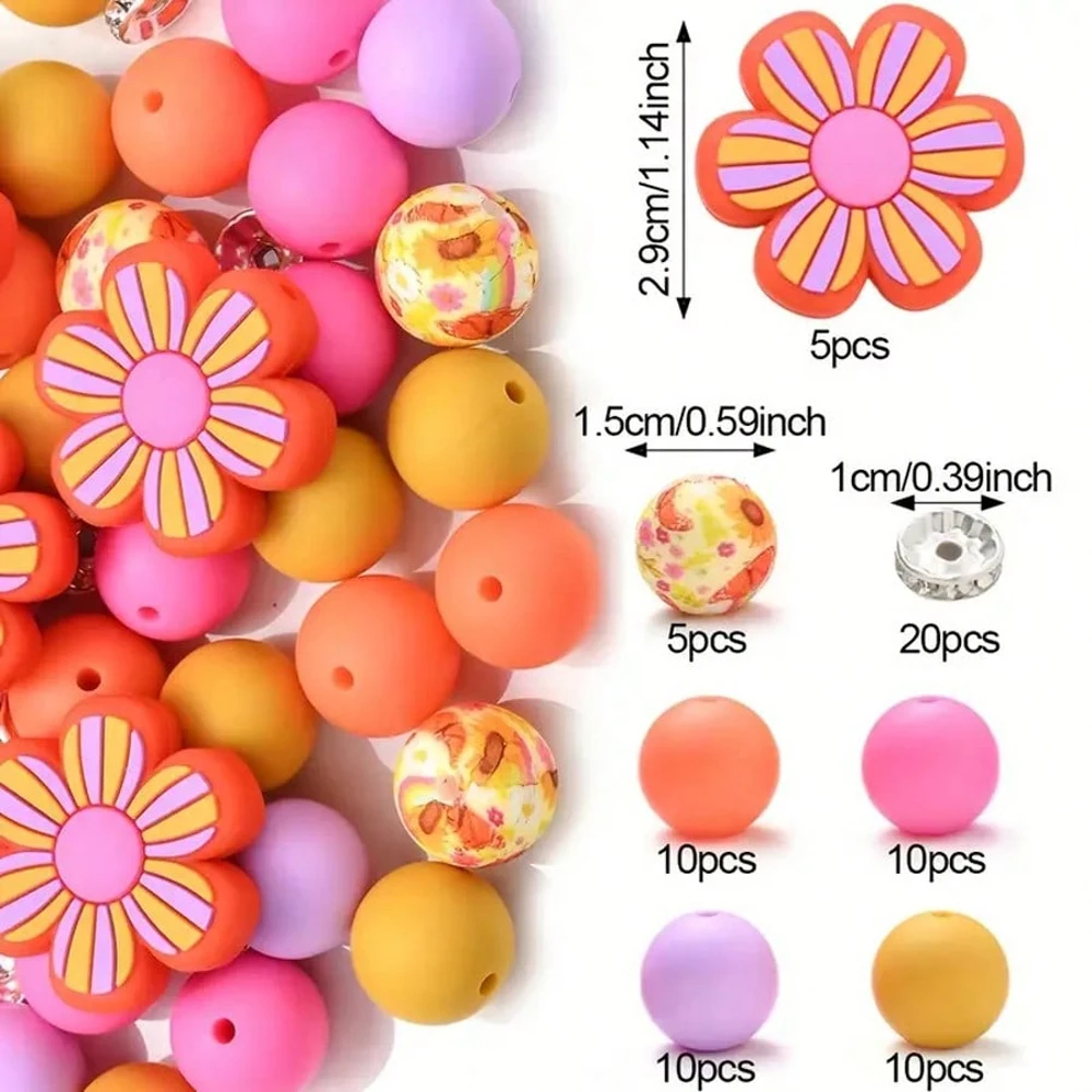 70PCS colorful flower shaped silicone beads, DIY， Used for making necklaces, bracelets, keychains, pen beads, and jewelry