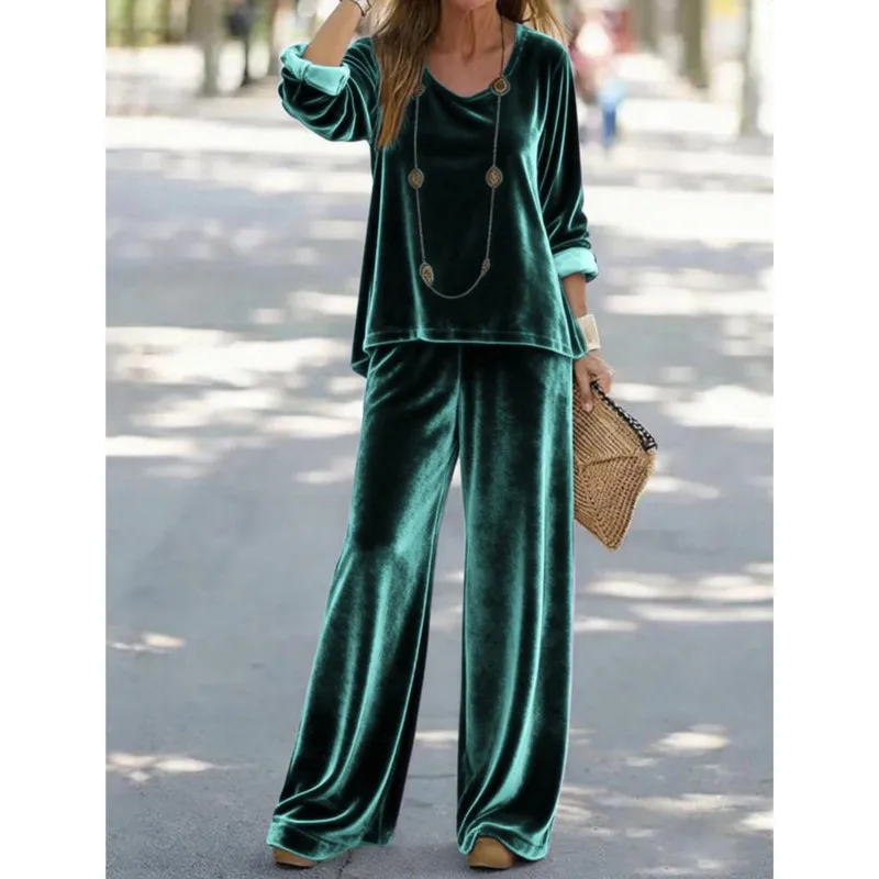 

Woman's Spring Autumn Fashion Solid Color Office Two Piece Set Sexy V-neck Loose Top+Wide Leg Pants Suit Ladies Elegant Outfit