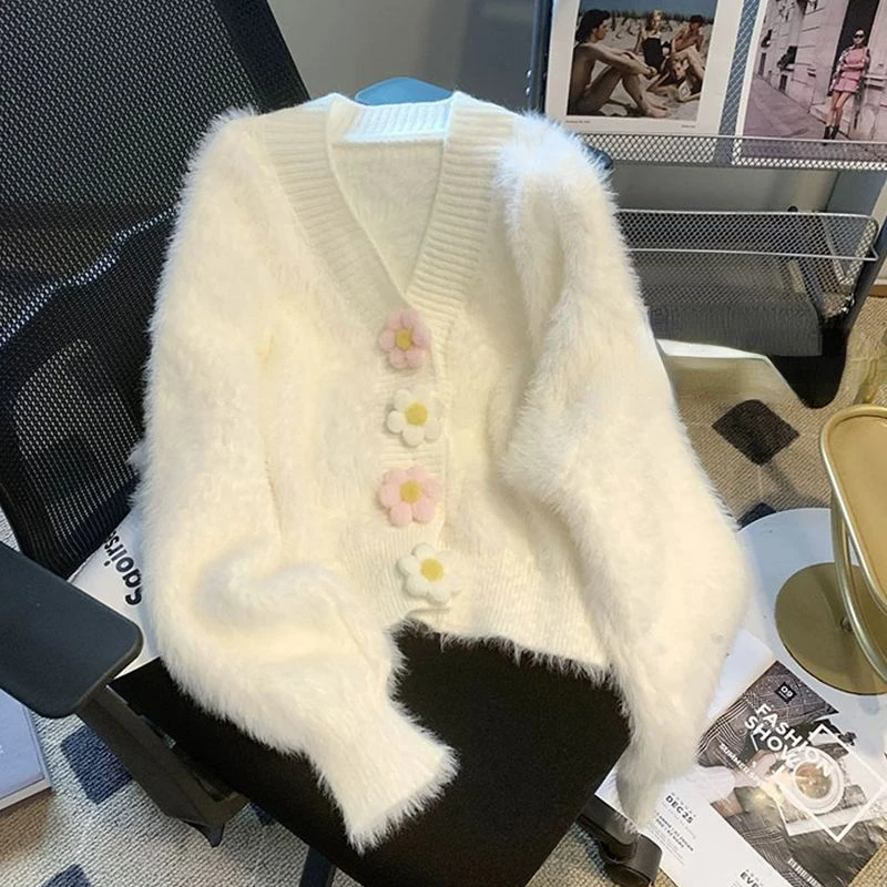 Korean Fashion Woman Sweater Pink Faux Mink Autumn Winter White Knitted Cardigan Bow Tie Buttons Long Sleeve Loose Coat Sweaters