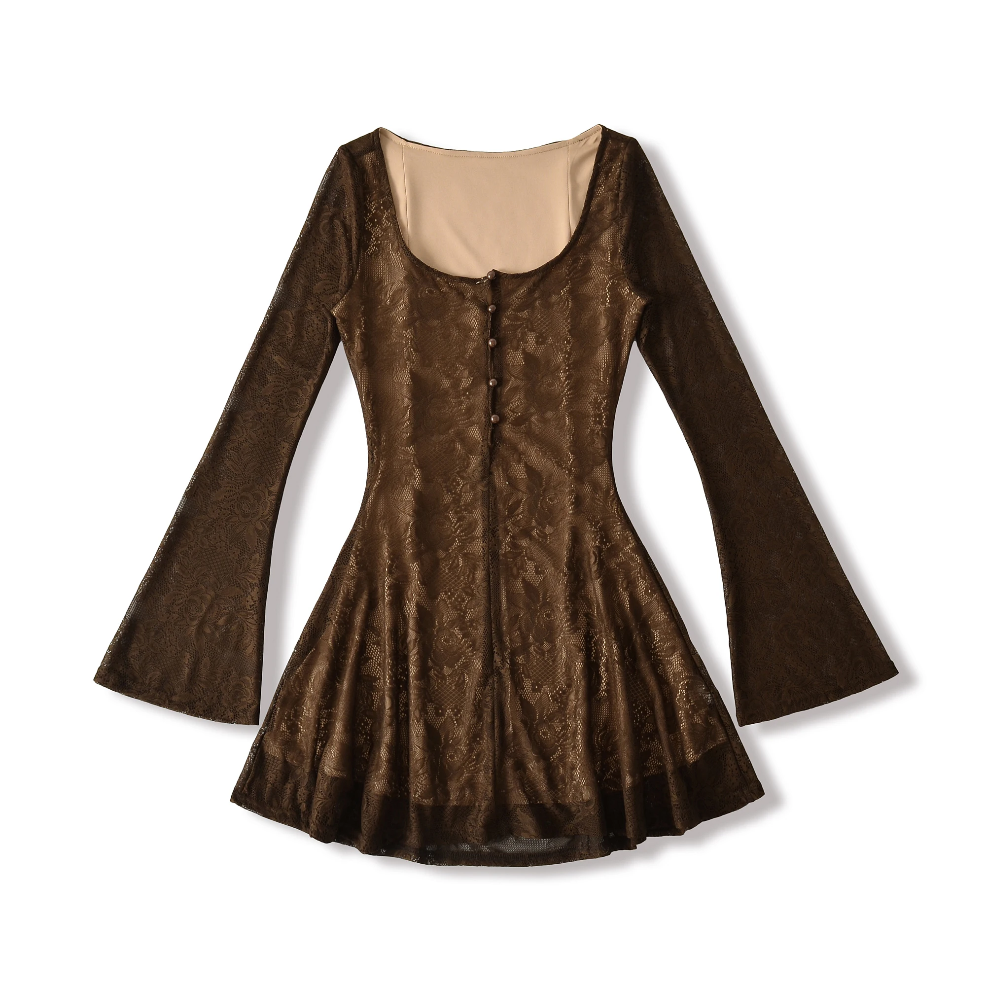 2025 Autumn Sexy Semi Sheer Lace Flare Long Sleeve Mini Dress Women Through Buttons U Collar Swing A-lined Dresses Party Robe