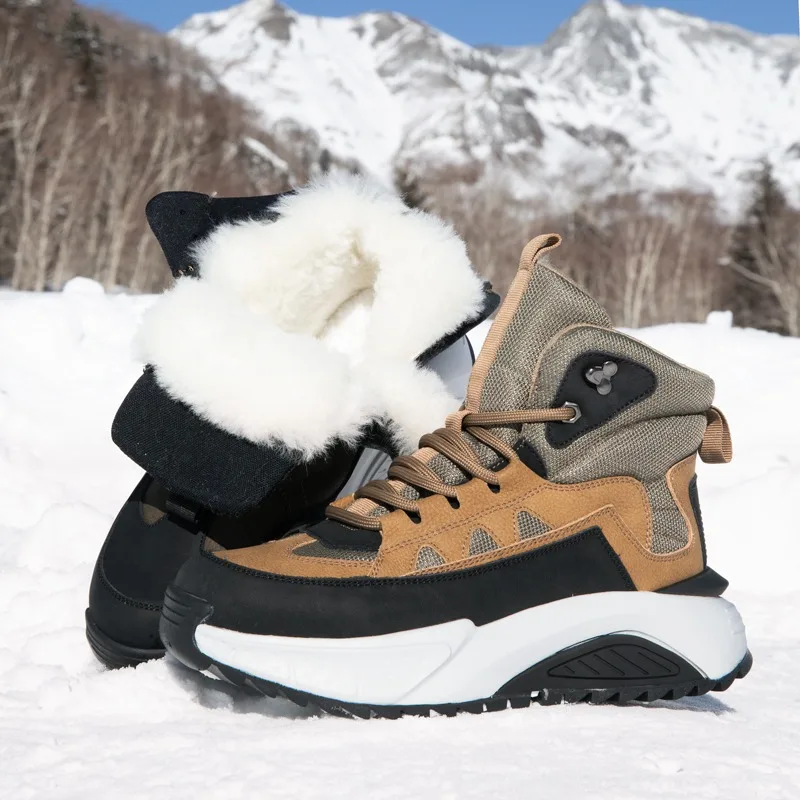 Men Wool Snow Boots Winter Lining Thick Plush Warm Fur Male Shoes Outdoor Casual Thick Sole Cotton Boots