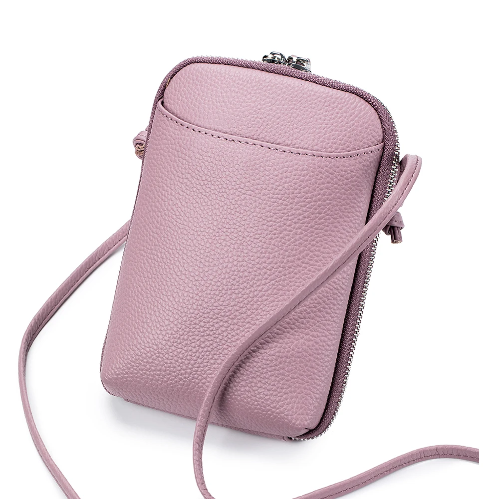 Genuine Leather Mini Shoulder Crossbody Bag Women Adjustable Straps Zipper Messenger Bags Multi-Card Slots Solid Color Phone Bag