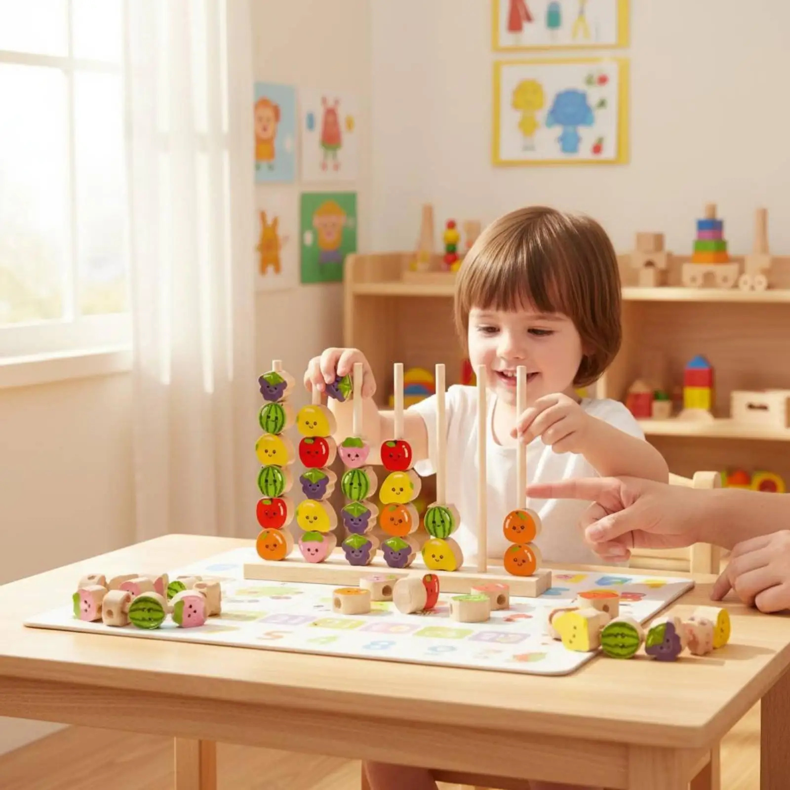 Jouet de perles à enfiler pour jeunes enfants, développe la motricité fine, ensemble de perles à enfiler en forme de fruits, coordination œil-main, tri des couleurs, empilage