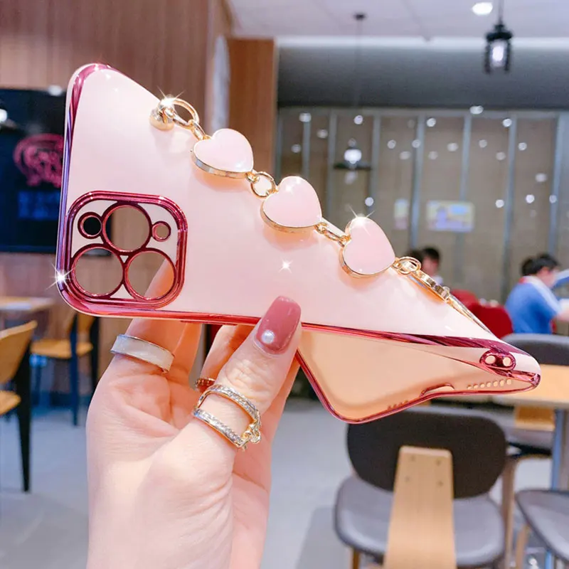 Wrist Bracelet Phone Case For OPPO A54S A54 4G 5G Case Luxury Heart Chain Plating Cover For OPPO A54S Case A 54S A54 A16 A16S