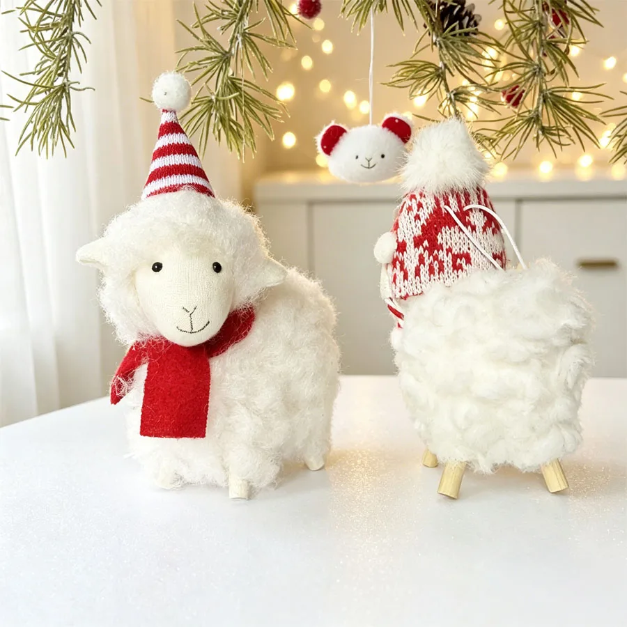 Christmas White Sheep Figurine Ornament, Soft Curly Plush Lamb Hanging Pendant, Xmas Tree Decor Holiday Gift - view 3